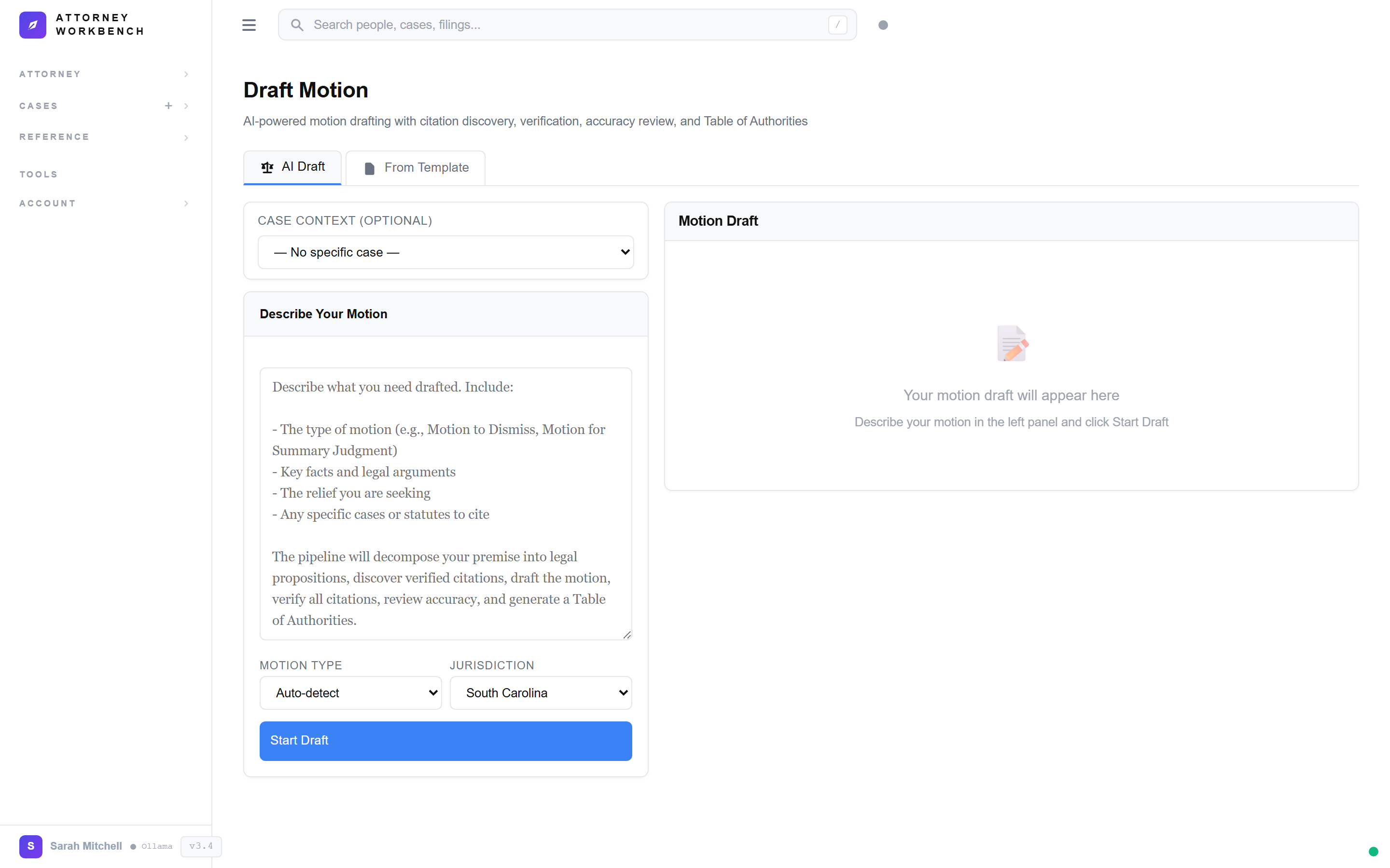 AI-powered motion drafting interface generating a Motion to Compel with verified South Carolina case citations and court-ready formatting