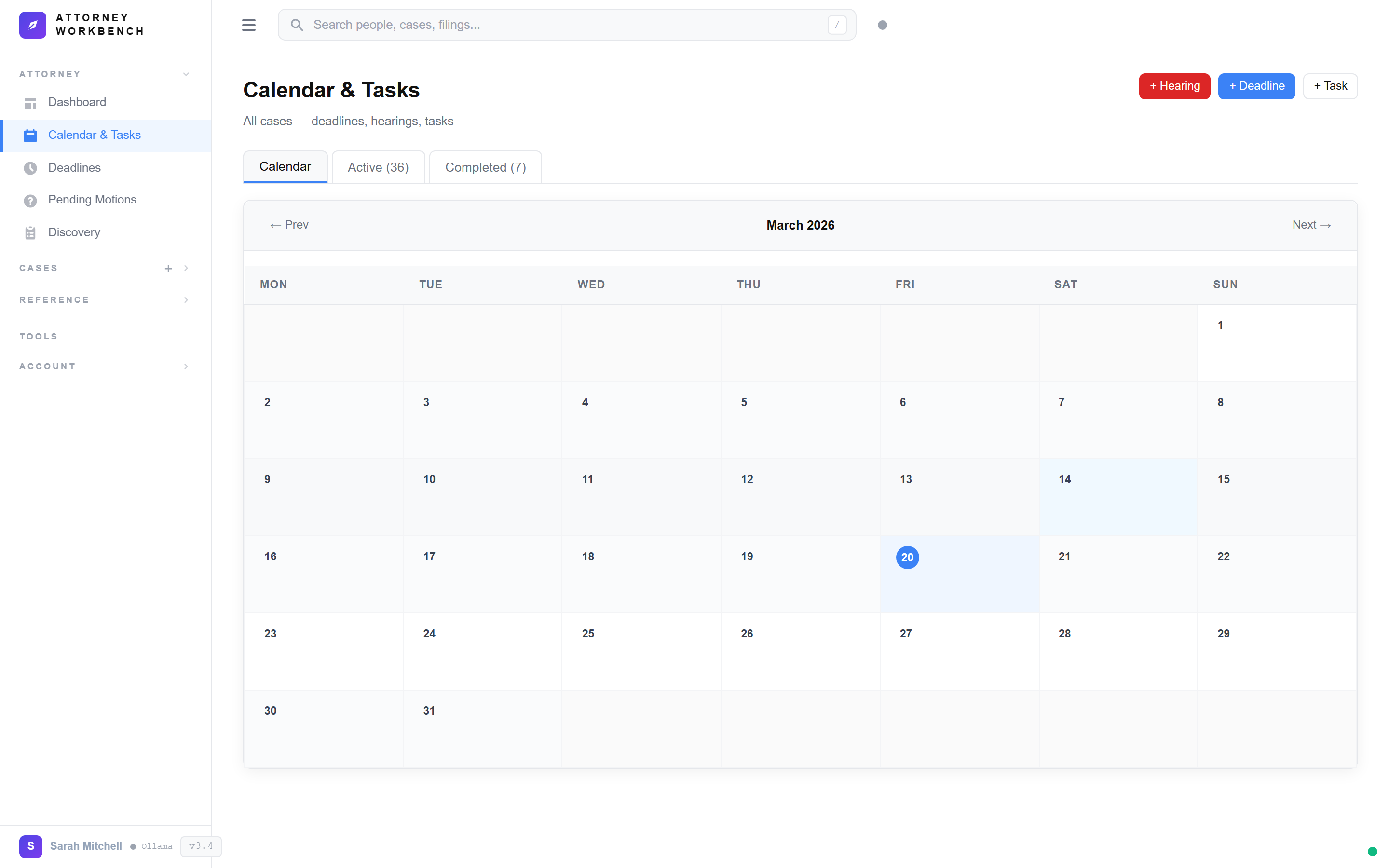 Calendar event detail popup showing hearing information, linked case, and assigned attorney