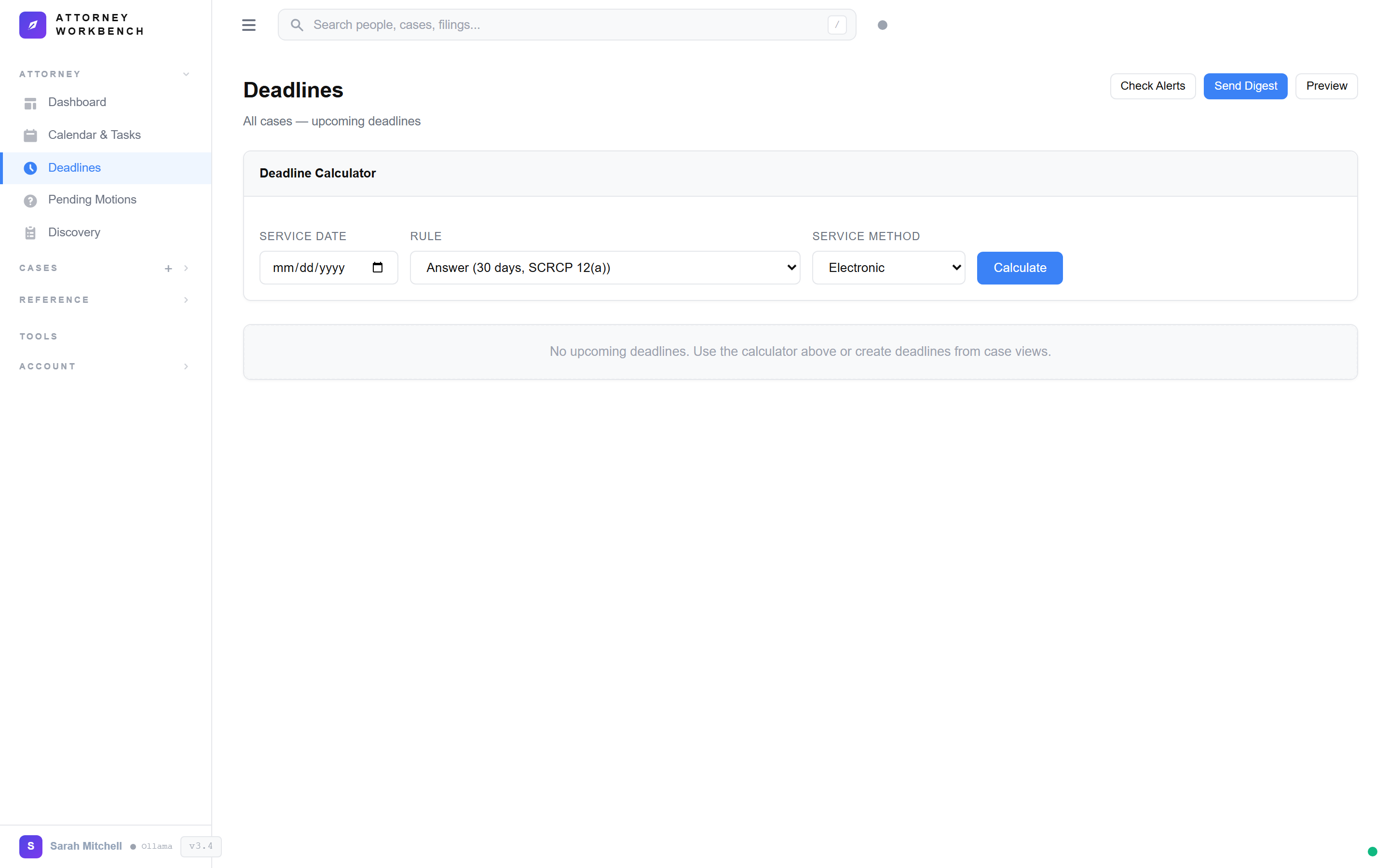 Legal deadline calculator with South Carolina Rules of Civil Procedure showing computed response dates and court holidays
