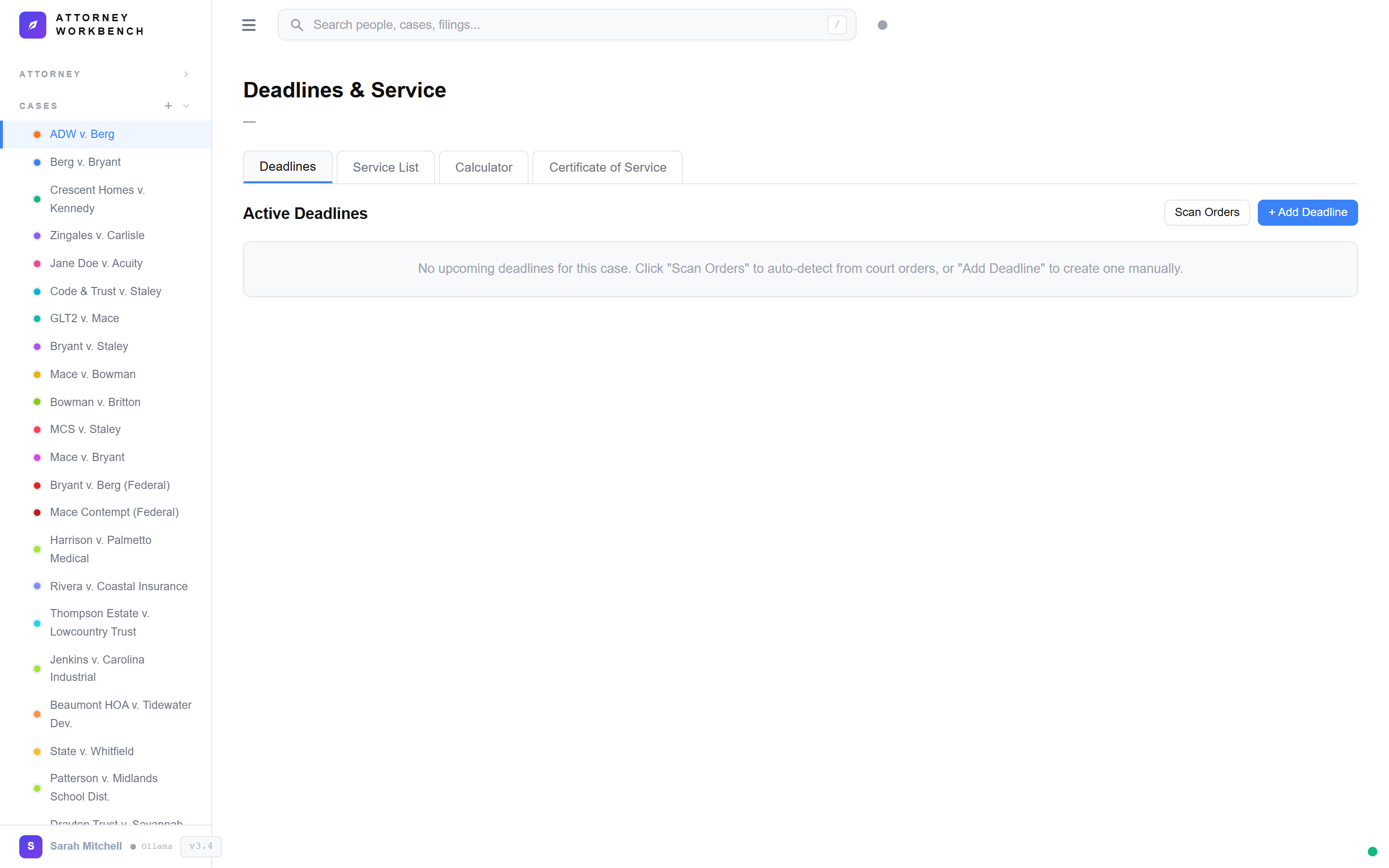 Overdue deadline alerts showing missed response dates with escalation warnings across active cases
