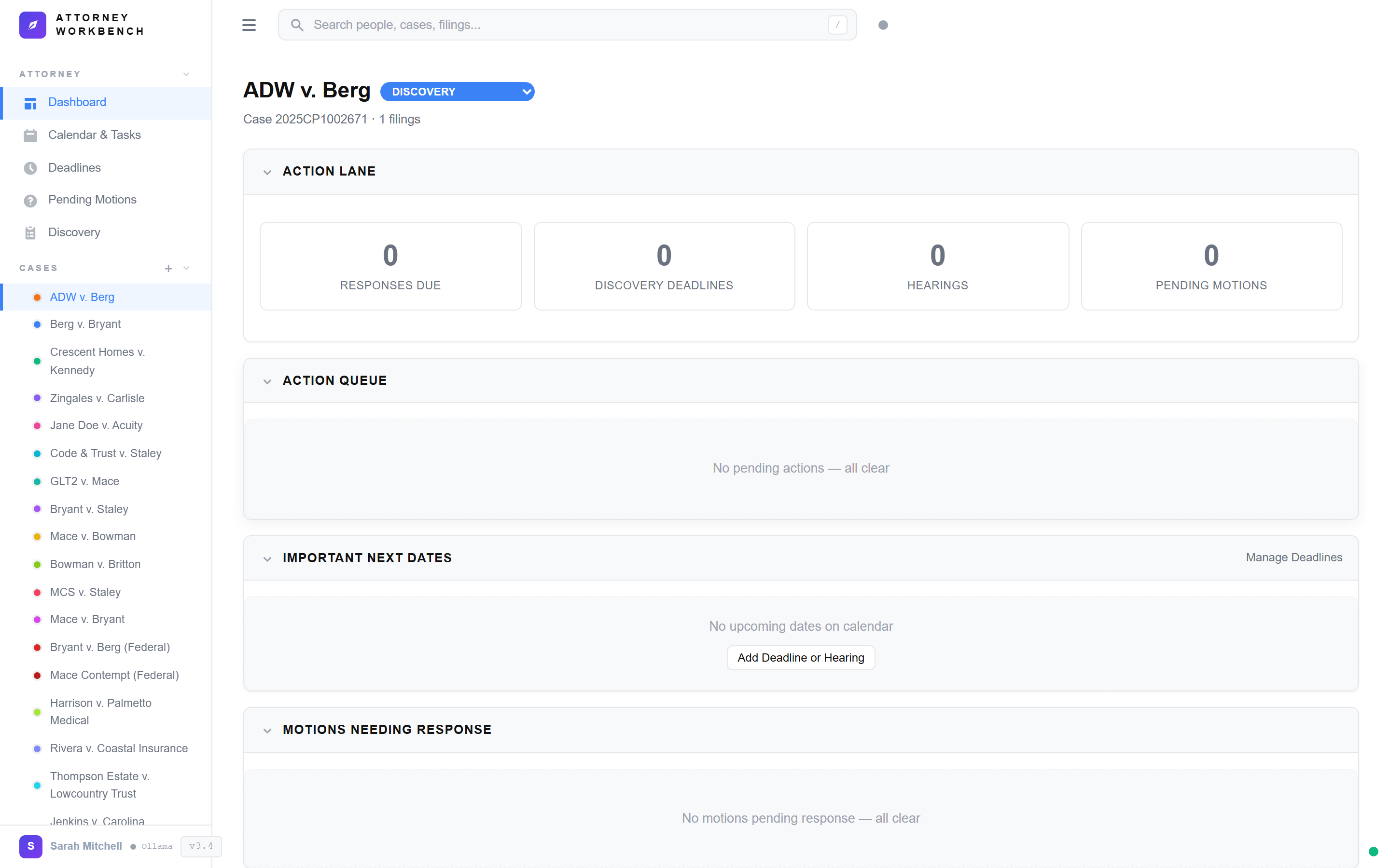 Case detail view showing filing history, participant list, discovery tracker, and linked documents for a South Carolina litigation case
