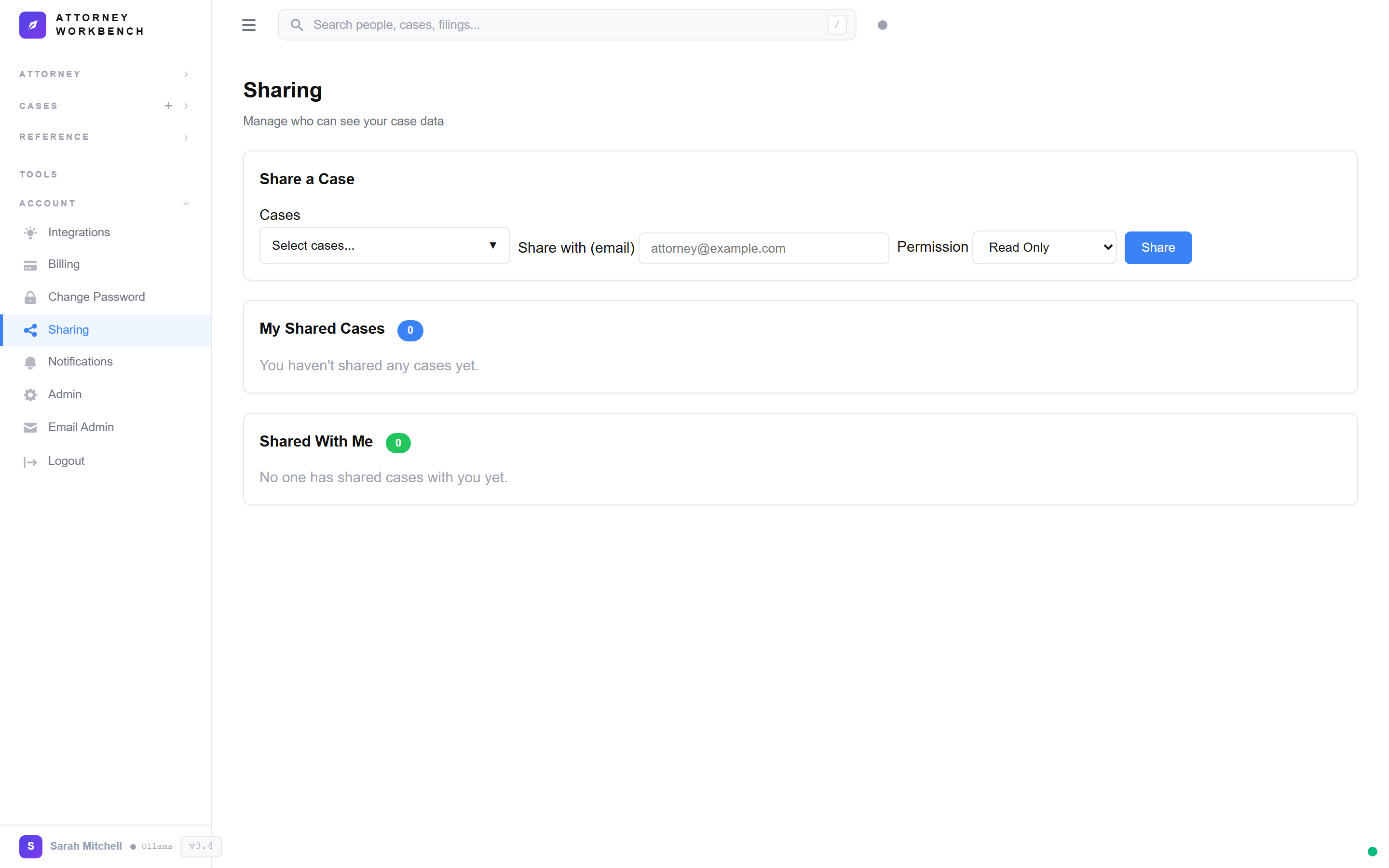 Case sharing and collaboration interface for mid-size litigation firms with role-based permissions