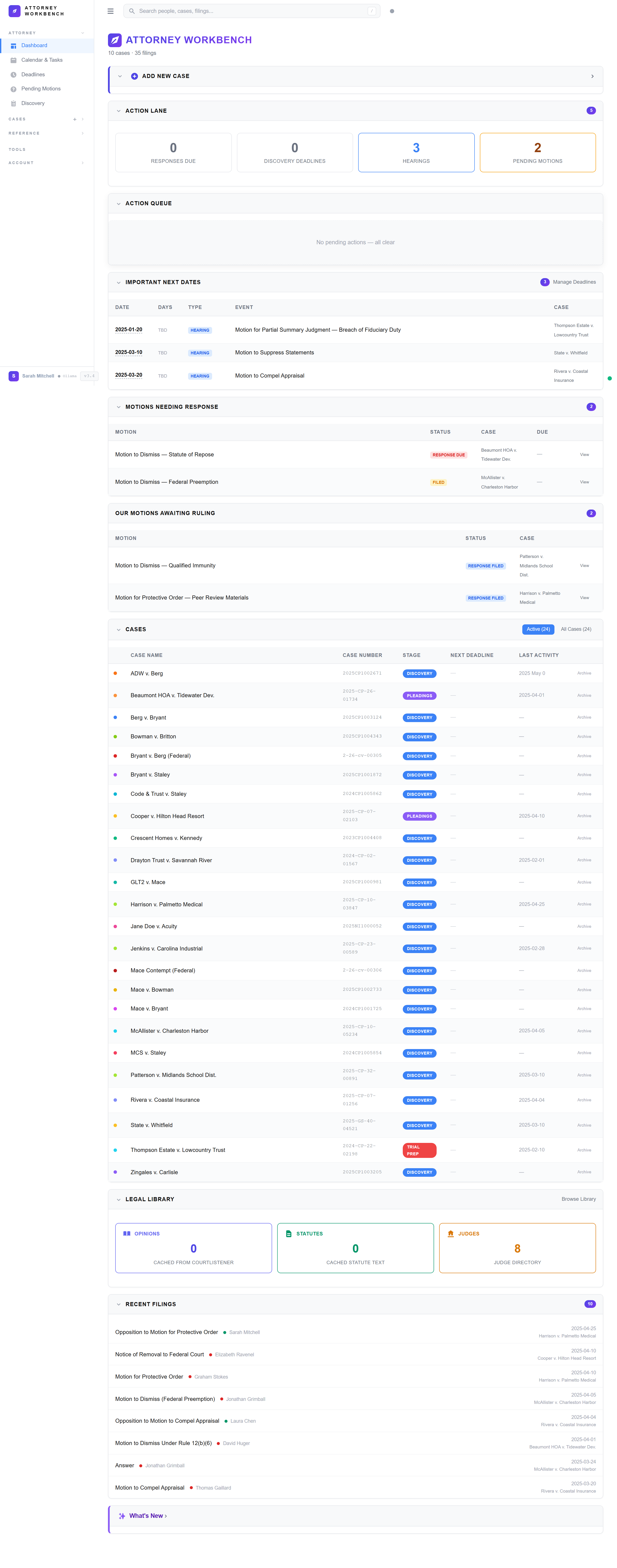 Attorney Workbench case management dashboard showing active South Carolina litigation cases with status tracking and deadline alerts