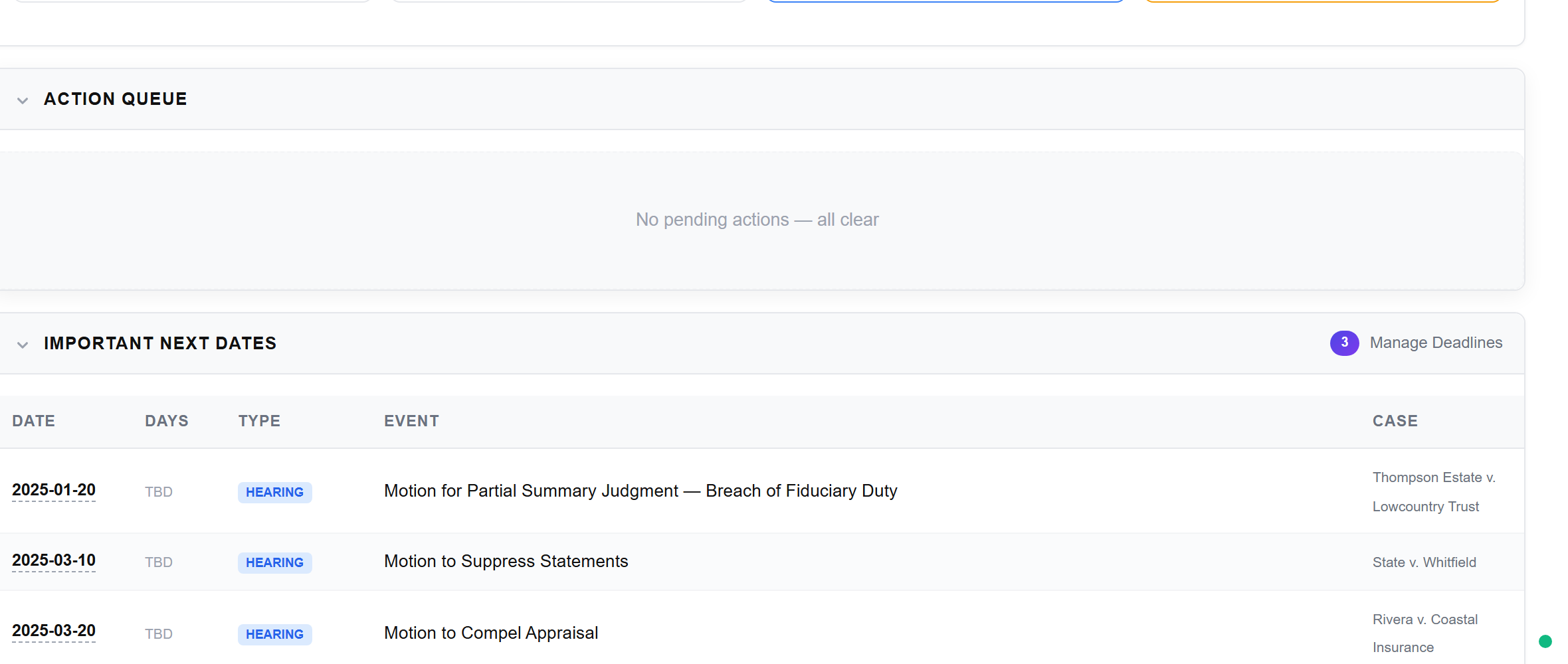 Real-time South Carolina court monitoring showing new filings, docket updates, and automated alerts for active cases