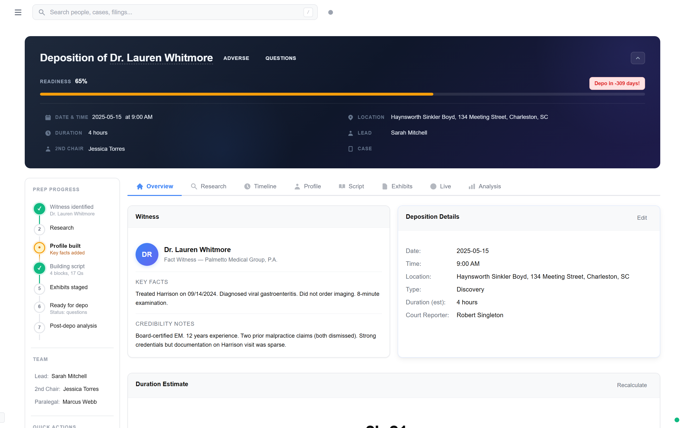 AI-generated deposition questions based on case evidence with approve and reject controls