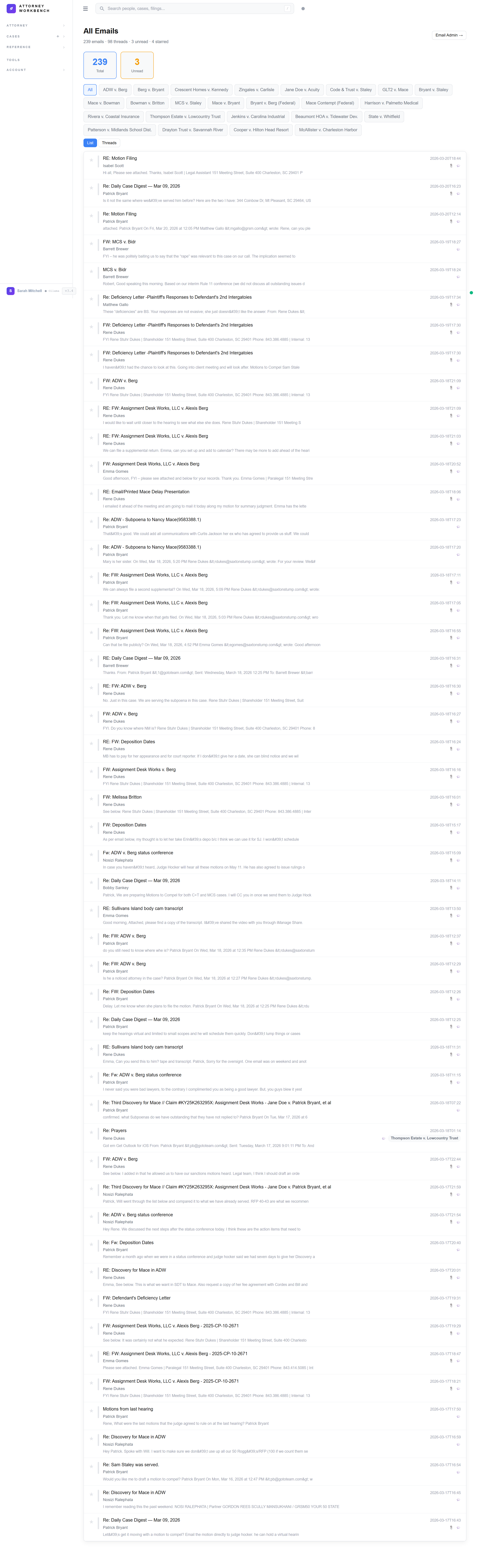 Email integration showing threaded attorney correspondence linked to South Carolina cases with automatic evidence extraction