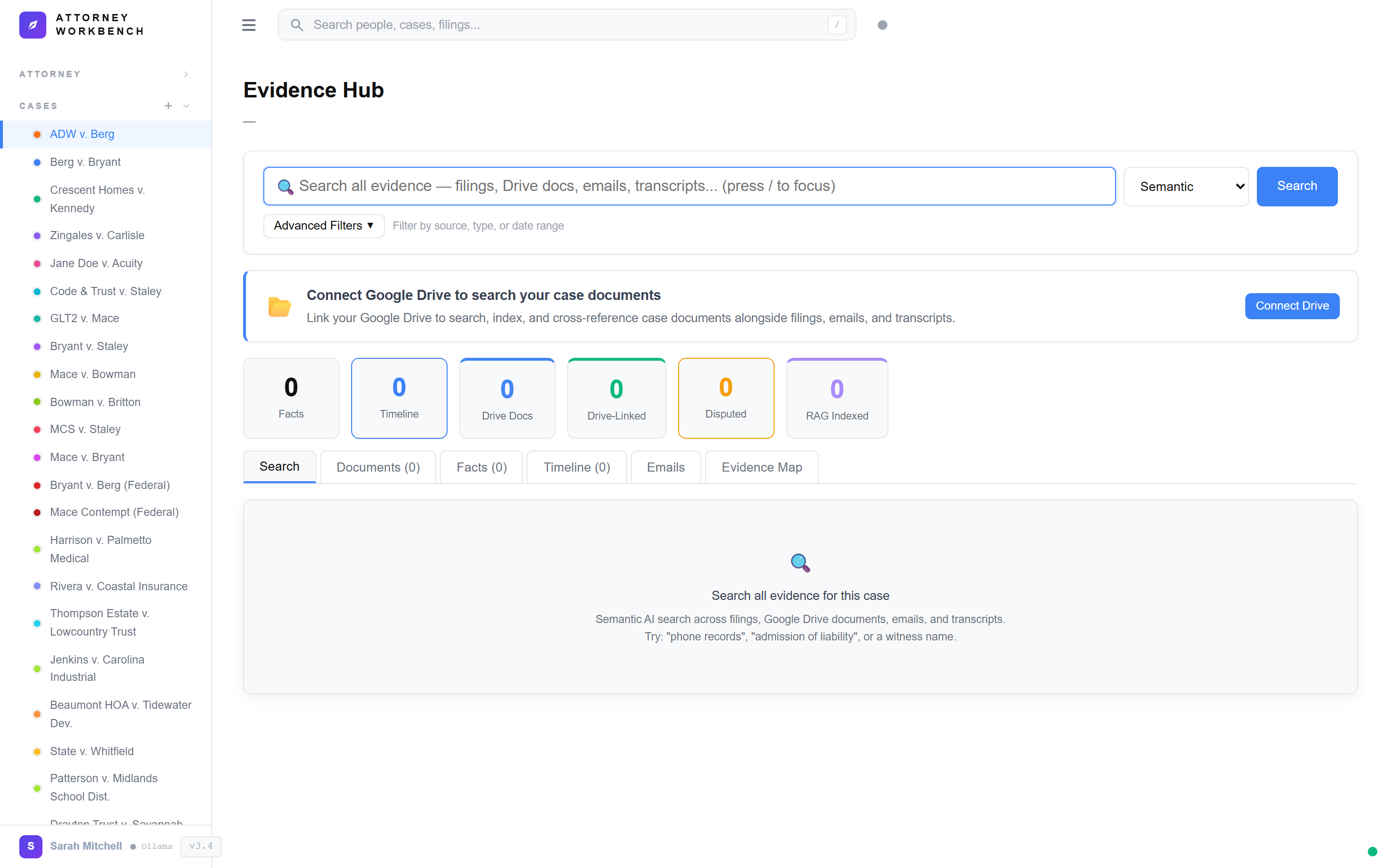 AI evidence extraction identifying key facts from South Carolina case documents with automatic timeline placement and case strength scoring