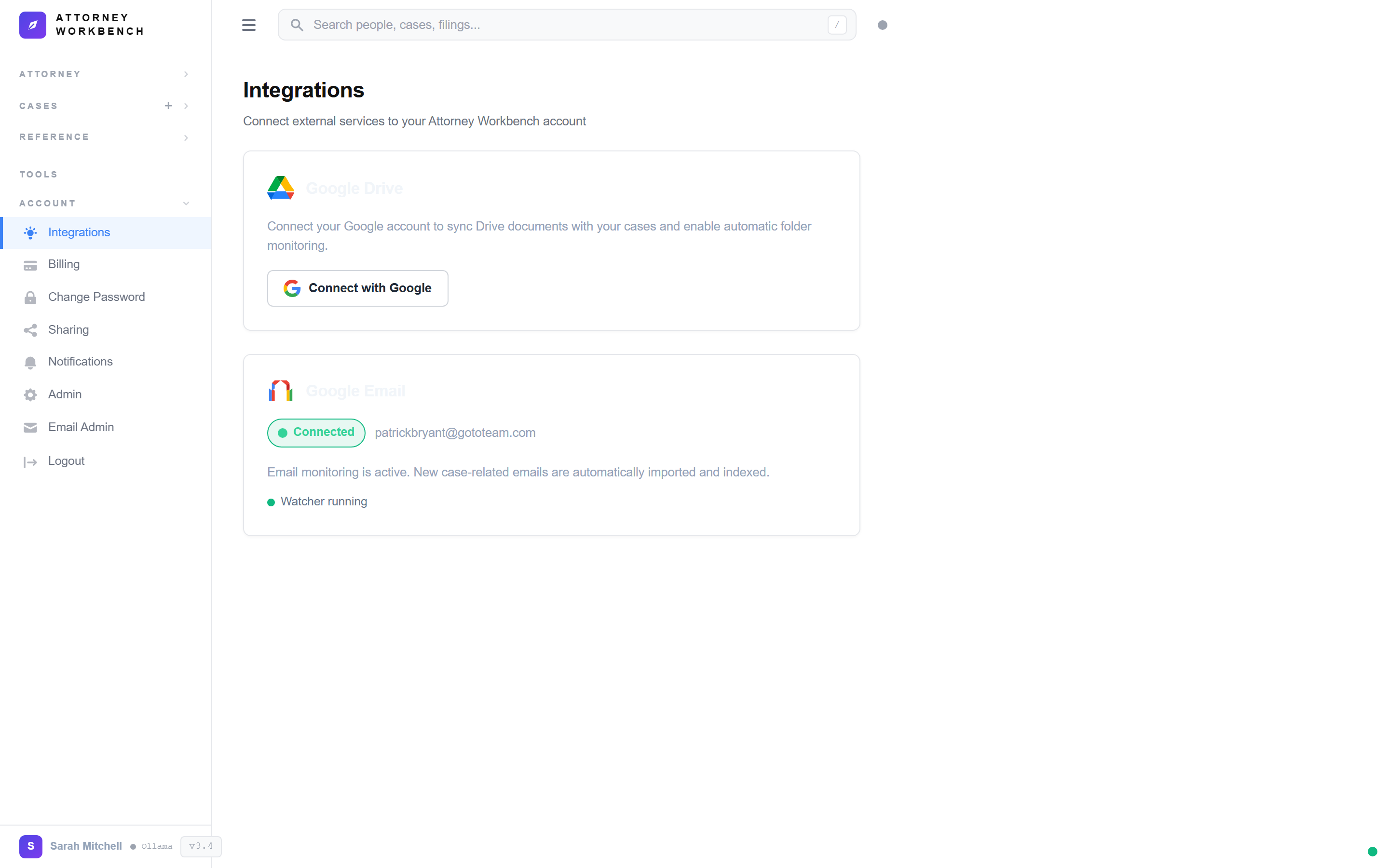 Integrations hub showing connected services and available tools