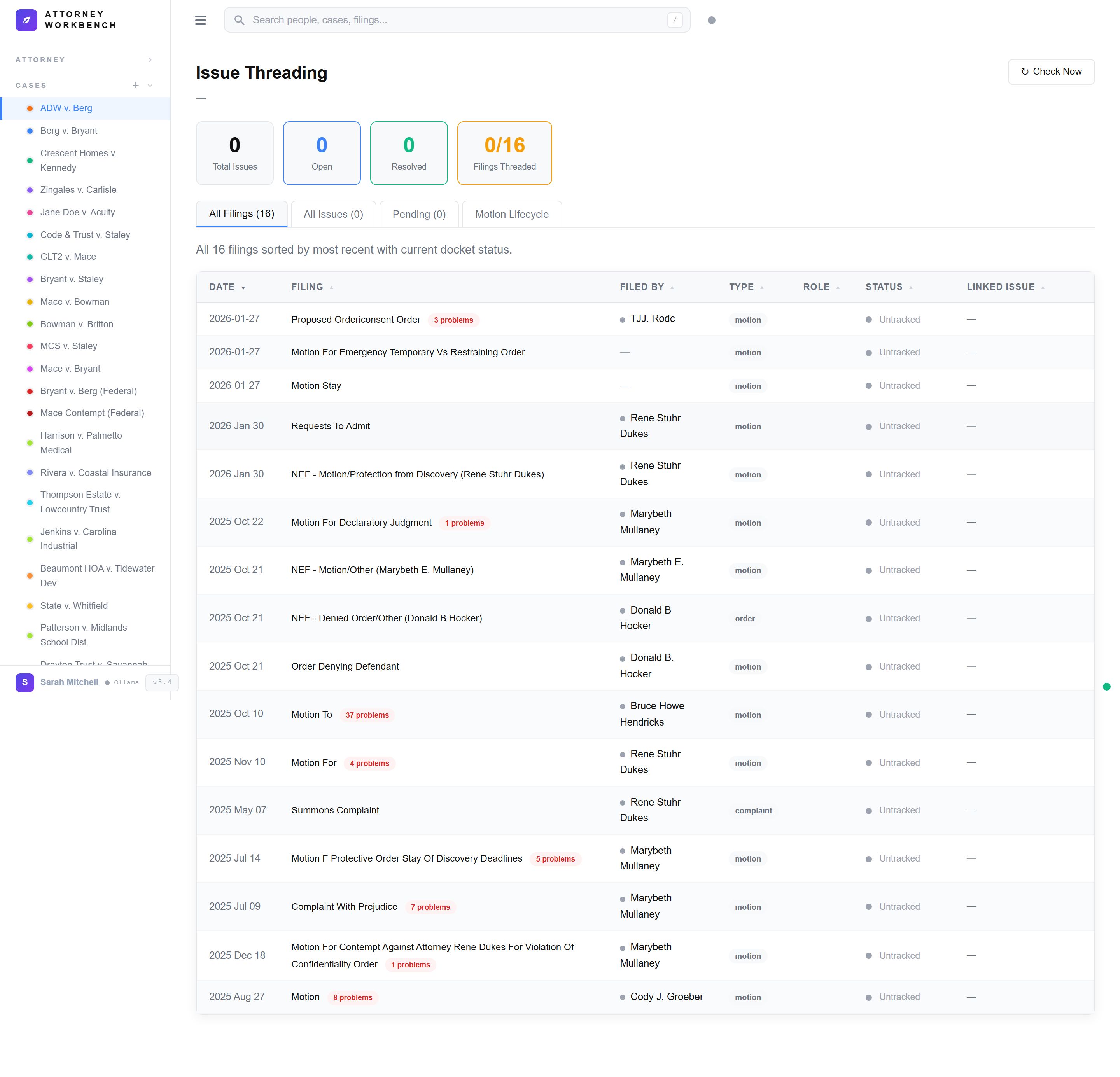 Issue threading system linking pending motions, evidence, and deadlines across related South Carolina cases