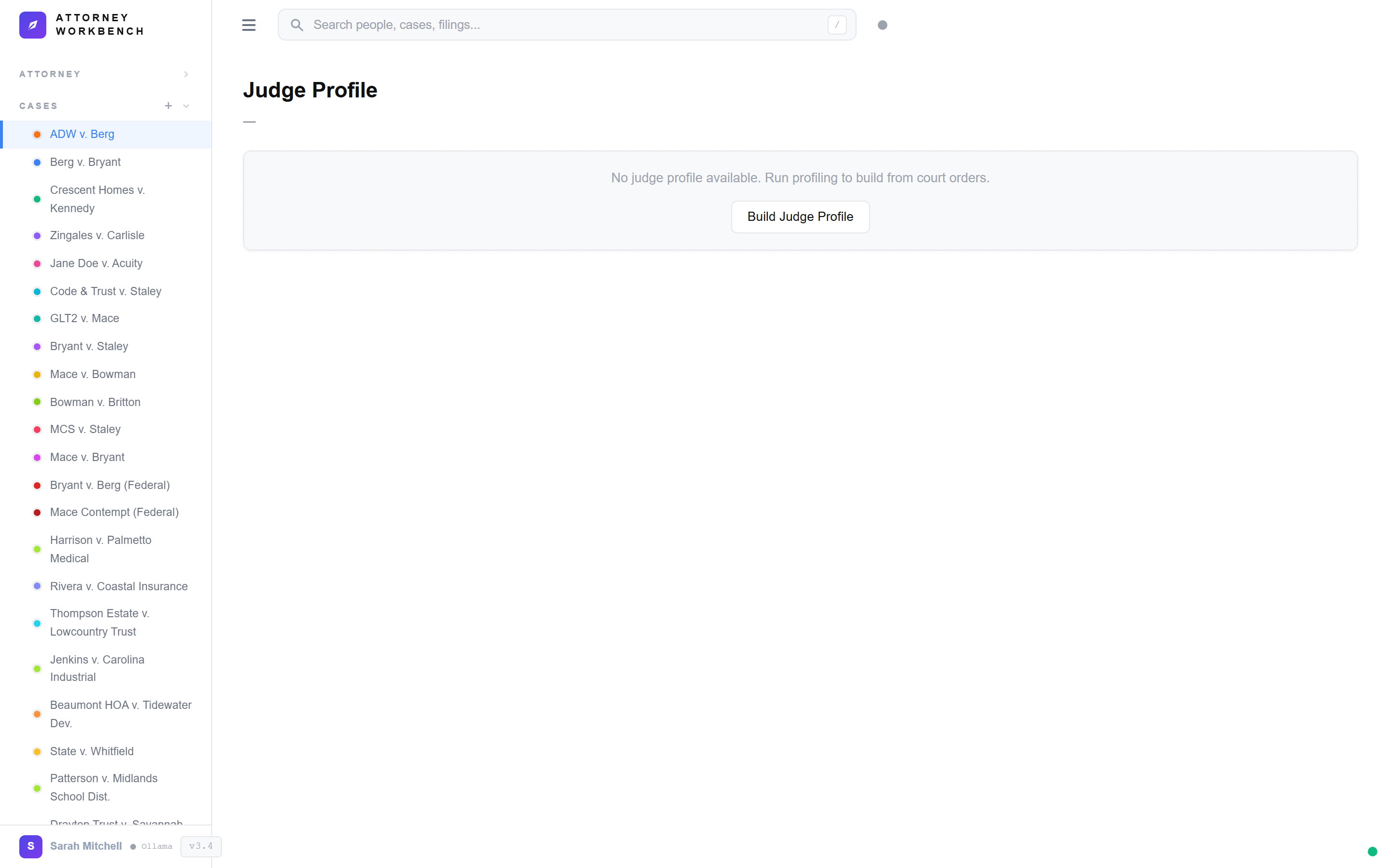 Judge profile showing ruling patterns, MSJ grant rates, timing analysis, and procedural preferences