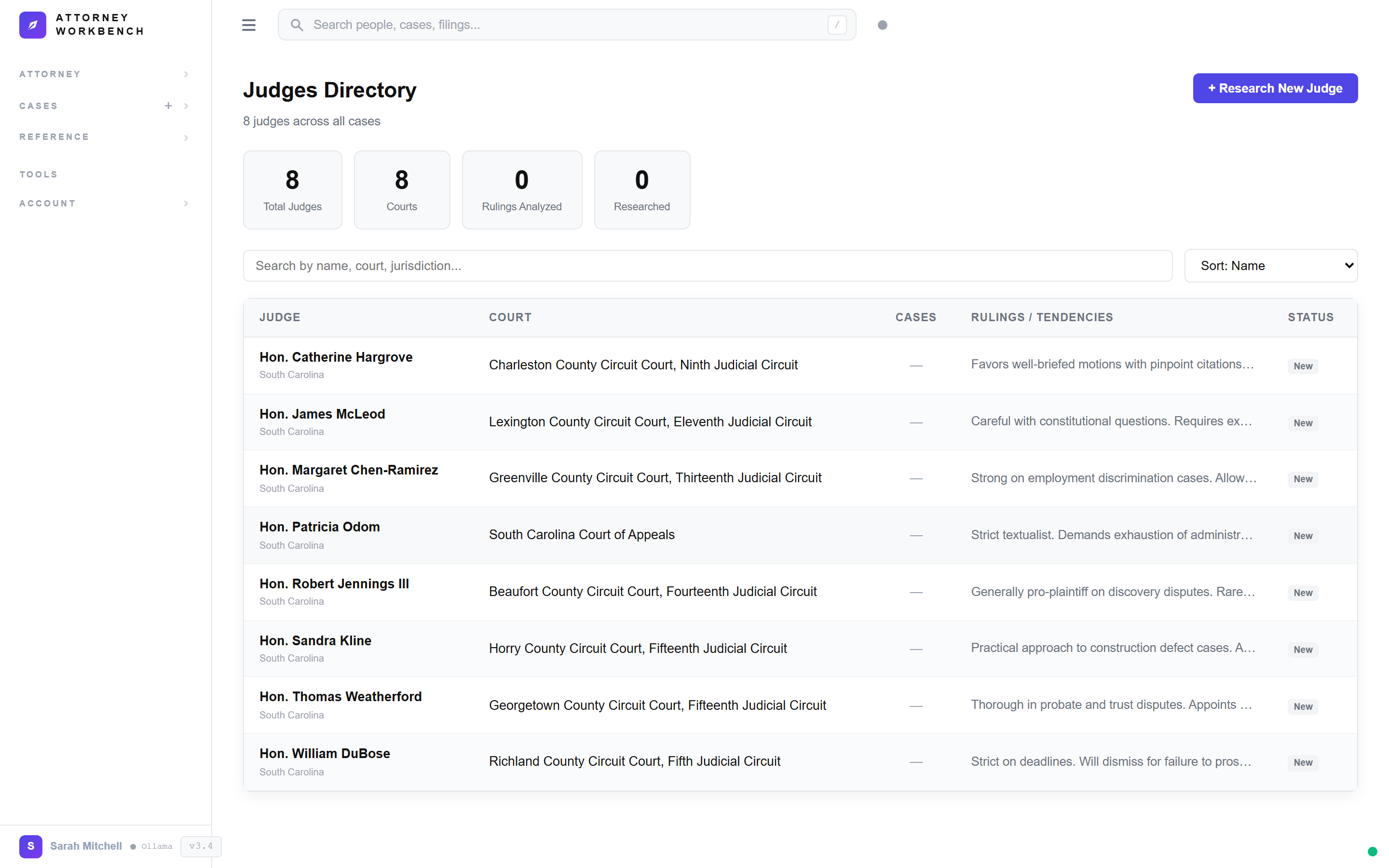 Judge intelligence database showing South Carolina circuit court judges with ruling history, tendencies, and case outcomes