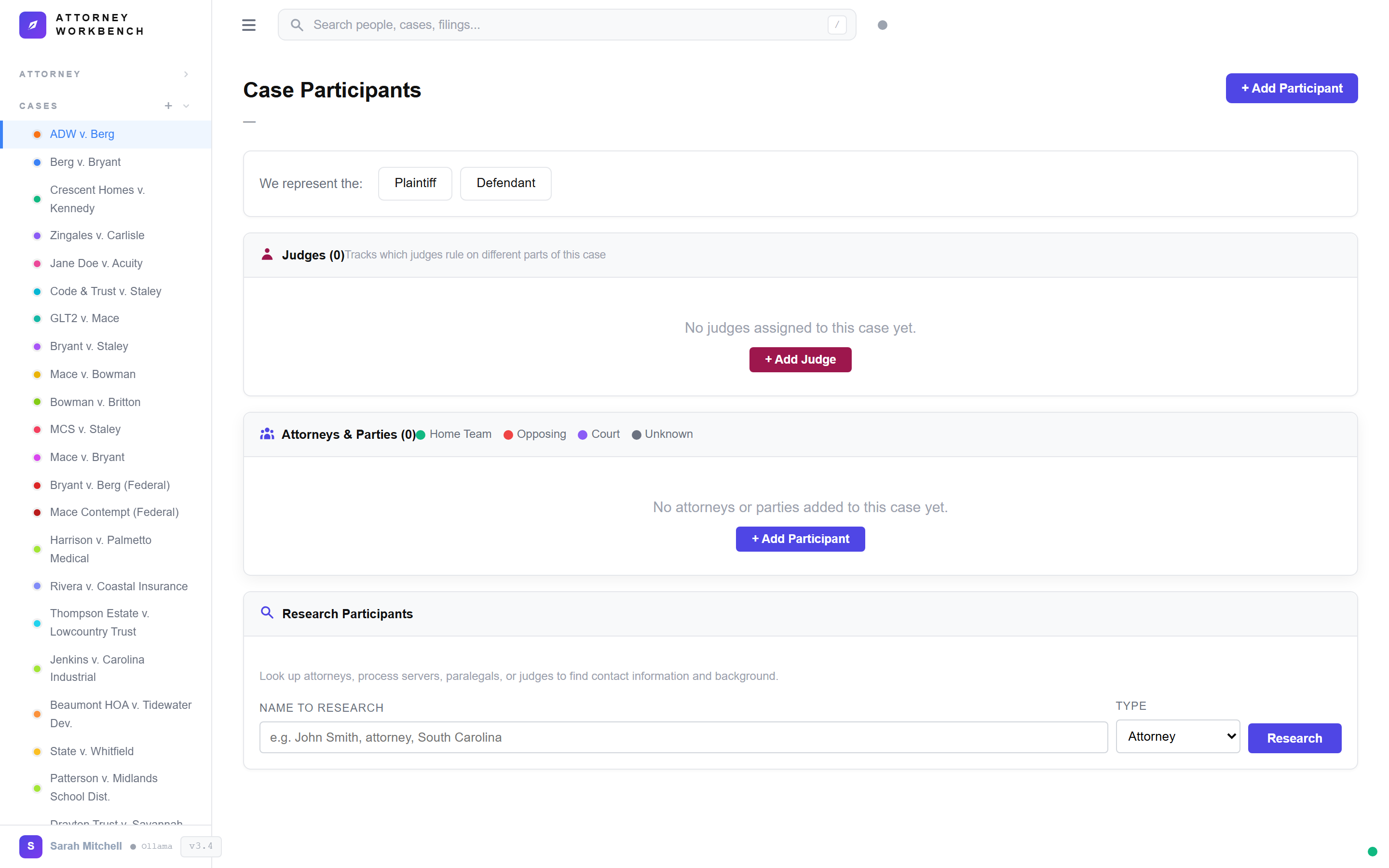 Side designation interface showing our side, opposing, neutral, and court classification for case participants